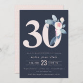 SOFT NAVY BLUSH BLUE FLORAL 30TH ANY AGE BIRTHDAY INVITATION (Front/Back)