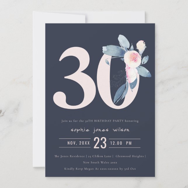 SOFT NAVY BLUSH BLUE FLORAL 30TH ANY AGE BIRTHDAY INVITATION (Front)