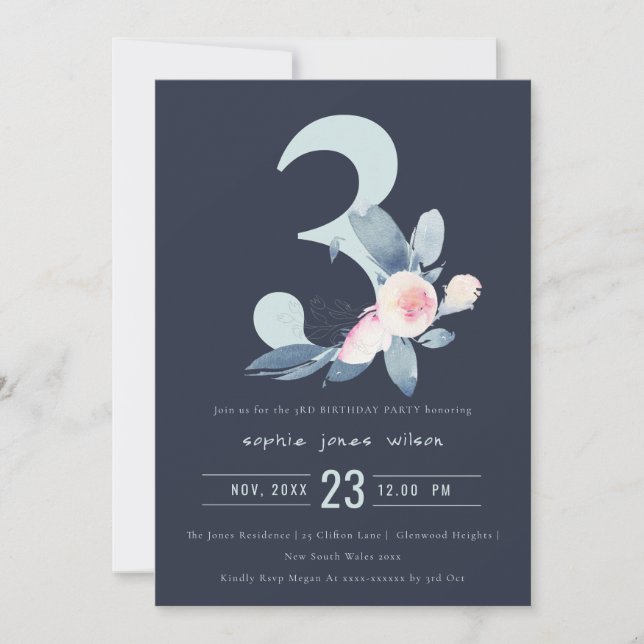 SOFT NAVY BLUSH BLUE FLORAL 3RD ANY AGE BIRTHDAY INVITATION (Front)