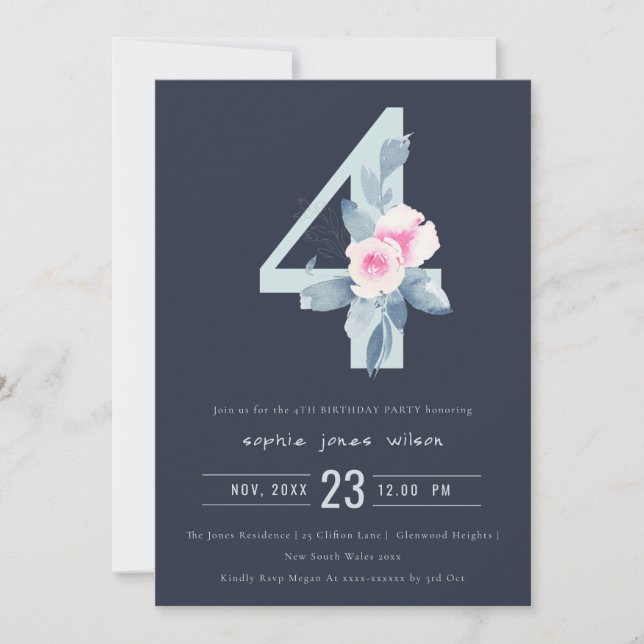 SOFT NAVY BLUSH BLUE FLORAL 4TH ANY AGE BIRTHDAY INVITATION (Front)