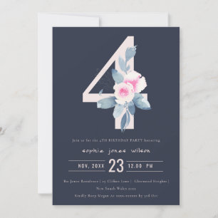 SOFT NAVY BLUSH BLUE FLORAL 4TH ANY AGE BIRTHDAY INVITATION