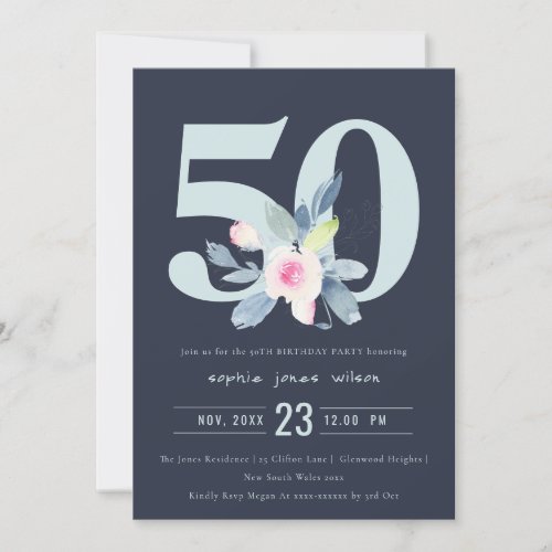 SOFT NAVY BLUSH BLUE FLORAL 50TH ANY AGE BIRTHDAY INVITATION