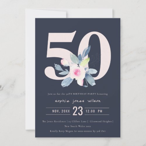 SOFT NAVY BLUSH BLUE FLORAL 50TH ANY AGE BIRTHDAY INVITATION