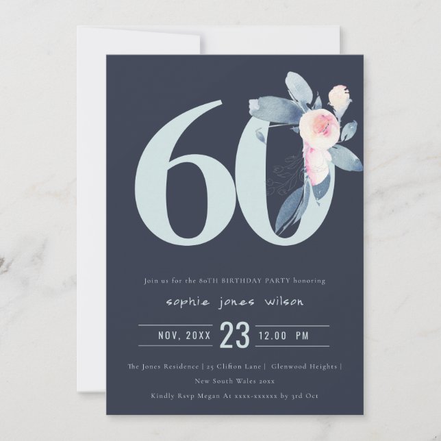 SOFT NAVY BLUSH BLUE FLORAL 60TH ANY AGE BIRTHDAY INVITATION (Front)