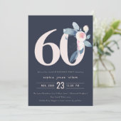 SOFT NAVY BLUSH BLUE FLORAL 60TH ANY AGE BIRTHDAY INVITATION (Standing Front)