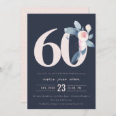 SOFT NAVY BLUSH BLUE FLORAL 60TH ANY AGE BIRTHDAY INVITATION (Front/Back)