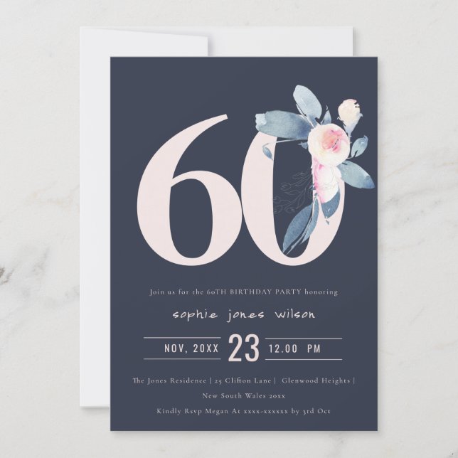 SOFT NAVY BLUSH BLUE FLORAL 60TH ANY AGE BIRTHDAY INVITATION (Front)