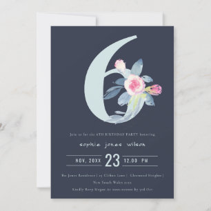 SOFT NAVY BLUSH BLUE FLORAL 6TH ANY AGE BIRTHDAY INVITATION
