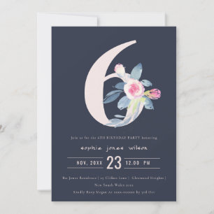 SOFT NAVY BLUSH BLUE FLORAL 6TH ANY AGE BIRTHDAY INVITATION