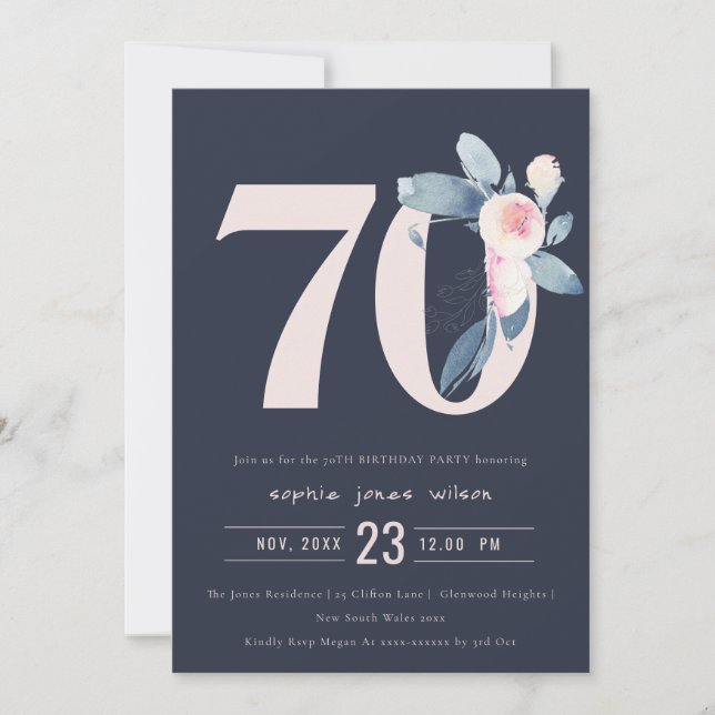 SOFT NAVY BLUSH BLUE FLORAL 70TH ANY AGE BIRTHDAY INVITATION (Front)
