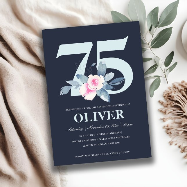 SOFT NAVY BLUSH BLUE FLORAL 75TH ANY AGE BIRTHDAY INVITATION (Creator Uploaded)