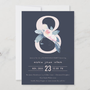 SOFT NAVY BLUSH BLUE FLORAL 8TH ANY AGE BIRTHDAY INVITATION