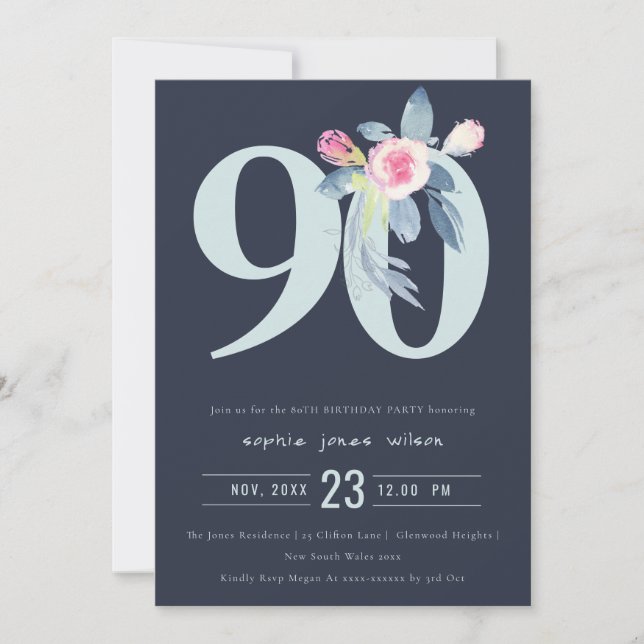 SOFT NAVY BLUSH BLUE FLORAL 90TH ANY AGE BIRTHDAY INVITATION (Front)
