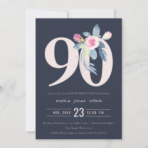 SOFT NAVY BLUSH BLUE FLORAL 90TH ANY AGE BIRTHDAY INVITATION