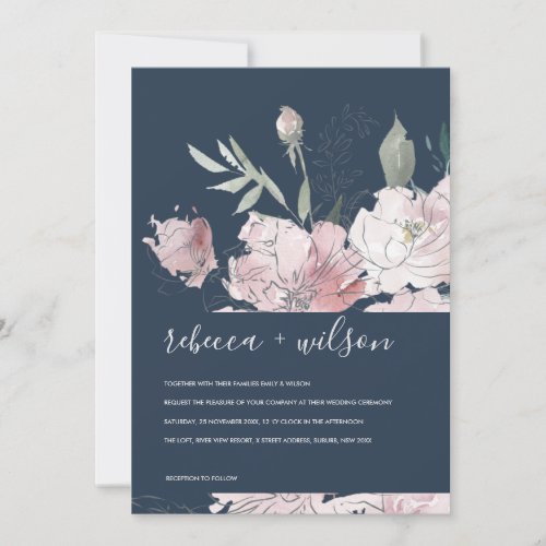 SOFT NAVY BLUSH WATERCOLOR FLORAL WEDDING INVITE