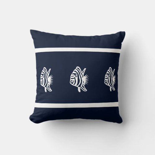 soft navy  fish  on  white  PILLOW coastal living