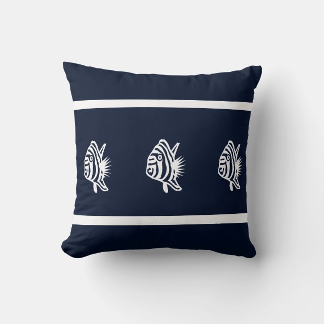 soft navy  fish  on  white  PILLOW coastal living (Front)