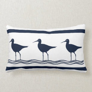 soft navy  Sand Pipers on  white  PILLOW
