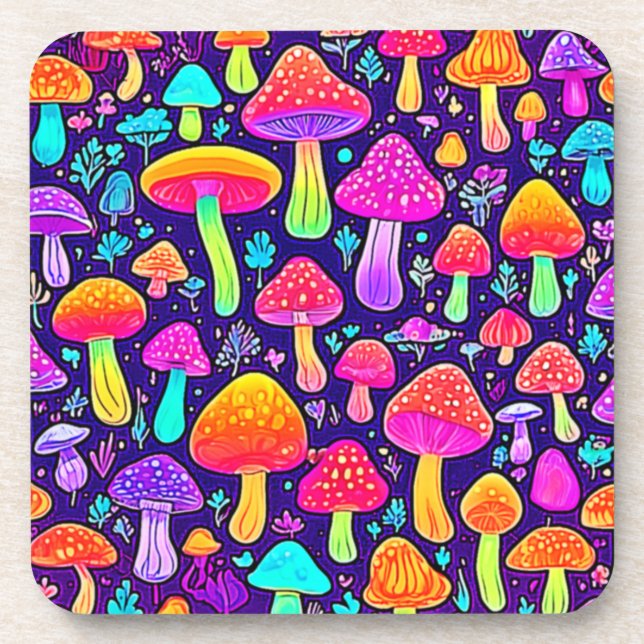 Soft Neon: Cartoon Mushroom Patch Beverage Coaster (Front)