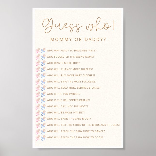 Soft Neutral Baby Shower Guess Who Game Poster (Front)