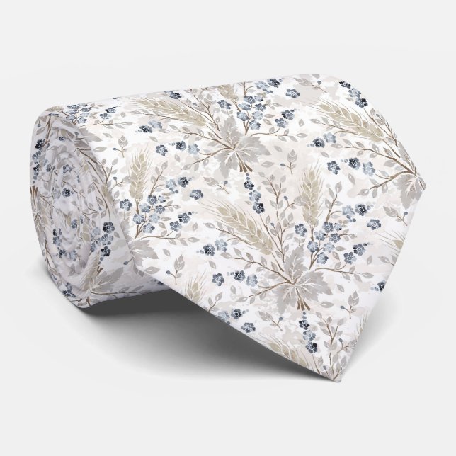 Soft Neutral Boho Floral Botanical Pattern Neck Tie (Rolled)