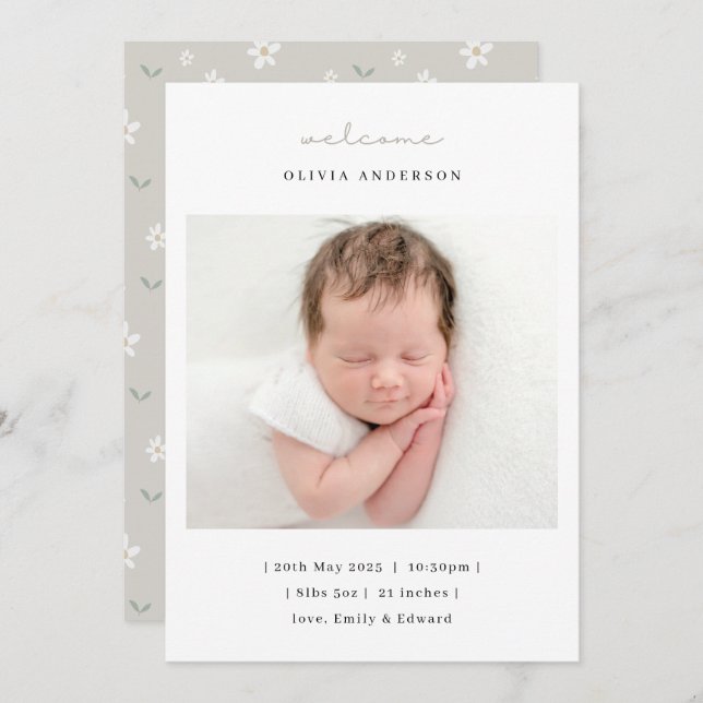 Soft Neutral Florals Birth Announcement (Front/Back)