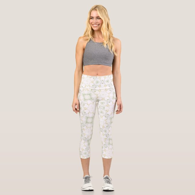 Soft Neutral Geometric Floral Capri Leggings (Front)