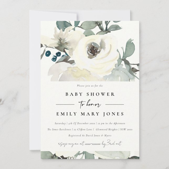 SOFT NEUTRAL IVORY WHITE FLORAL BUNCH BABY SHOWER INVITATION (Front)