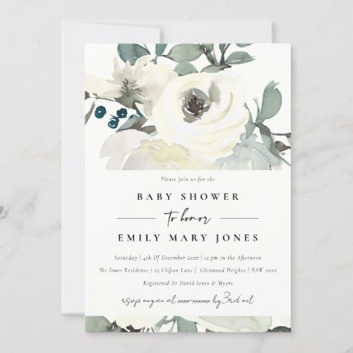 SOFT NEUTRAL IVORY WHITE FLORAL BUNCH BABY SHOWER INVITATION
