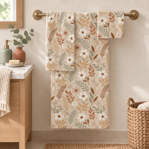 Soft Neutral Sage Terracotta Wildflowers Bath Towel Set
