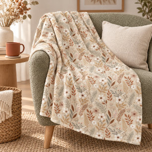 Soft Neutral Sage Terracotta Wildflowers Fleece Blanket