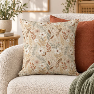 Soft Neutral Sage Terracotta Wildflowers Throw Pillow
