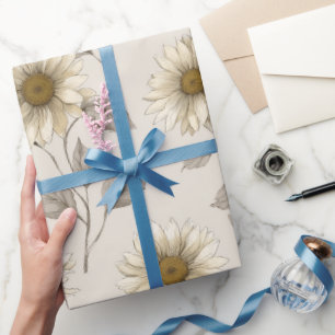 Soft Neutral Sunflower Cream Floral Pattern Wrapping Paper