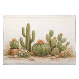 Soft Neutral Watercolor Desert Cactus Garden Cloth Placemat