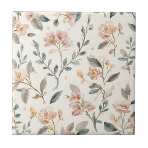 Soft Neutral Wildflower Sage Watercolor Botanical Ceramic Tile