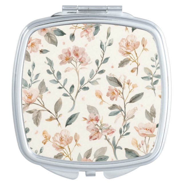 Soft Neutral Wildflower Sage Watercolor Botanical Compact Mirror (Front)