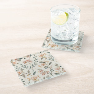 Soft Neutral Wildflower Sage Watercolor Botanical Glass Coaster