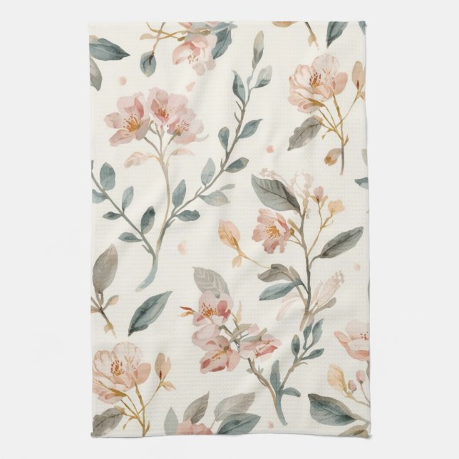 Soft Neutral Wildflower Sage Watercolor Botanical Kitchen Towel (Vertical)
