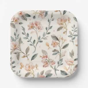 Soft Neutral Wildflower Sage Watercolor Botanical Paper Plates