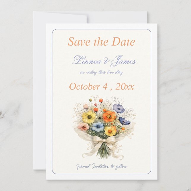 Soft Neutral Wildflowers Wedding Ivory Dusty Blue Save The Date (Front)