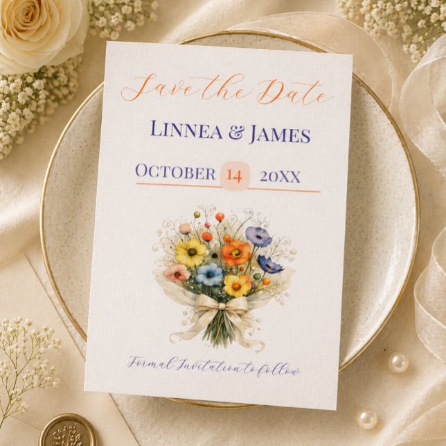 Soft Neutral Wildflowers Wedding Ivory Dusty Blue Save The Date (Creator Uploaded)