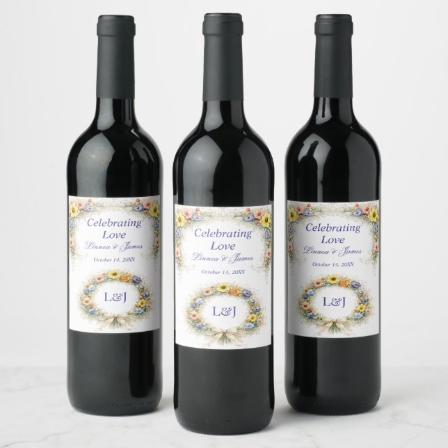 Soft Neutral Wildflowers Wedding Ivory Dusty Blue Wine Label (Bottles)