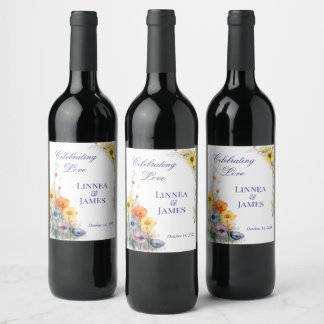 Soft Neutral Wildflowers Wedding Ivory Dusty Blue Wine Label