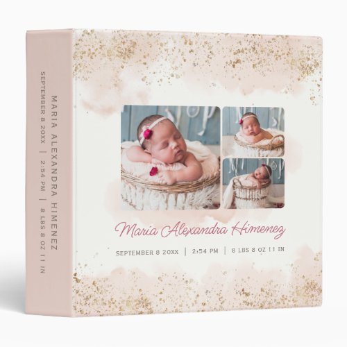 Soft Newborn Baby Girl Photo Album Blush Pink Gold 3 Ring Binder