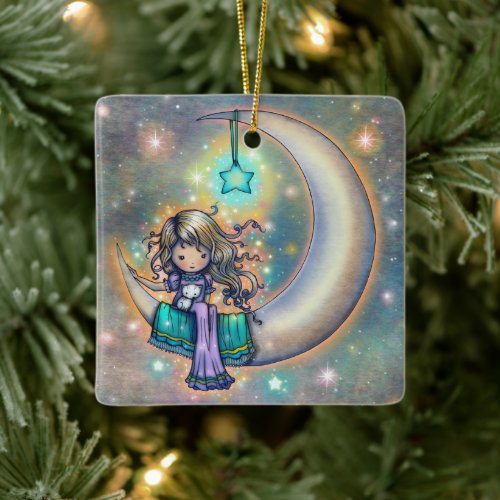 Soft Night Little Girl and Kittens on Moon Ceramic Ornament