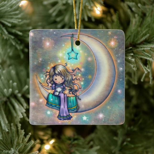 Soft Night Little Girl and Kittens on Moon Ceramic Ornament (Tree)