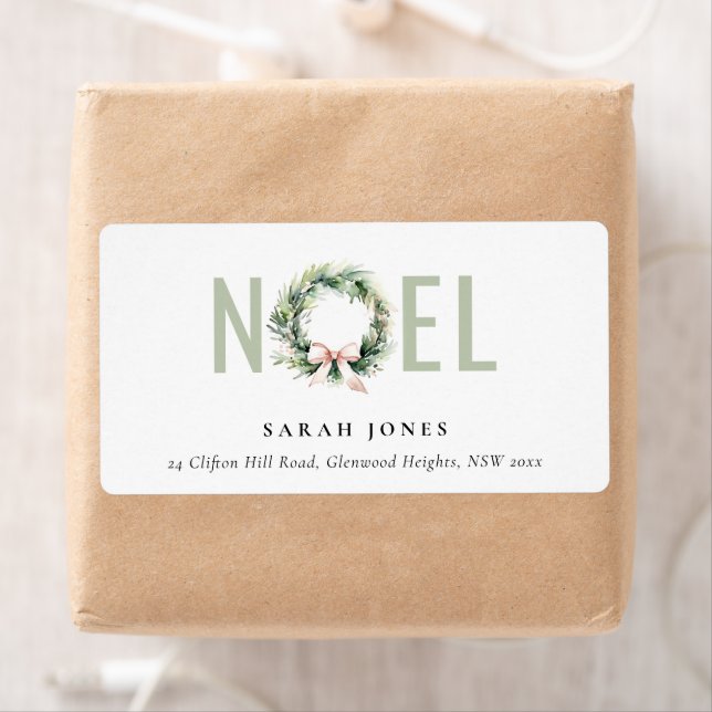 Soft Noel Blush Green Christmas Wreath Address Label (Insitu)