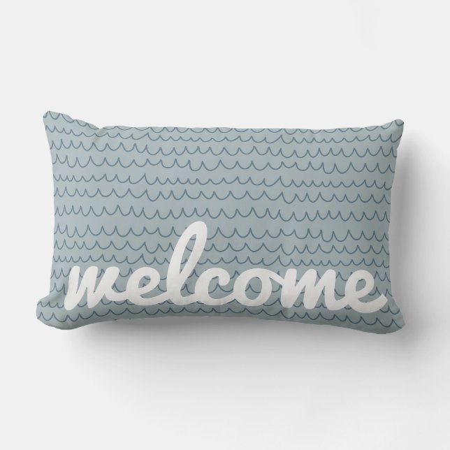 Soft Ocean Blue Hand Drawn Coastal Wave Lumbar Pillow (Front)
