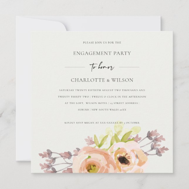 SOFT OFF WHITE BLUSH PINK PEACH FLORAL ENGAGEMENT INVITATION (Front)