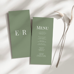 Soft Olive Green Monogram Wedding Menu Card